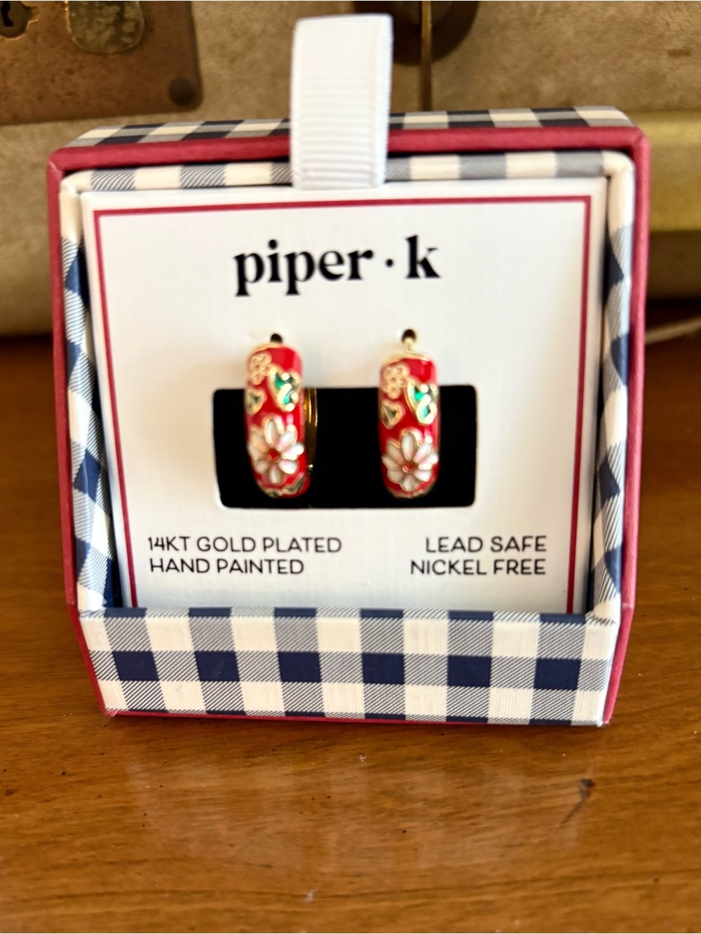 Piper K hand painted red  & white floral enamel hoop earrings NEW in box